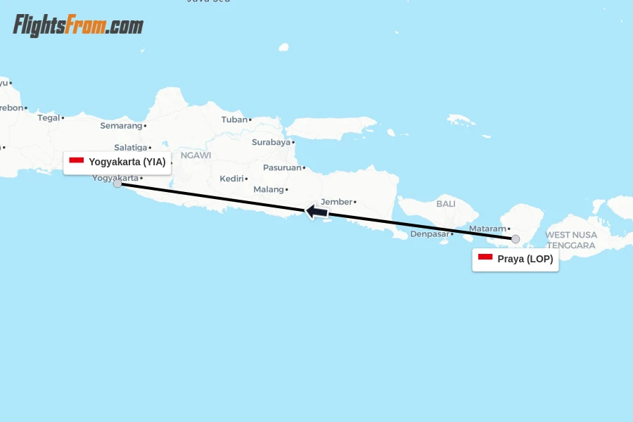 Flights from Praya to Yogyakarta route map