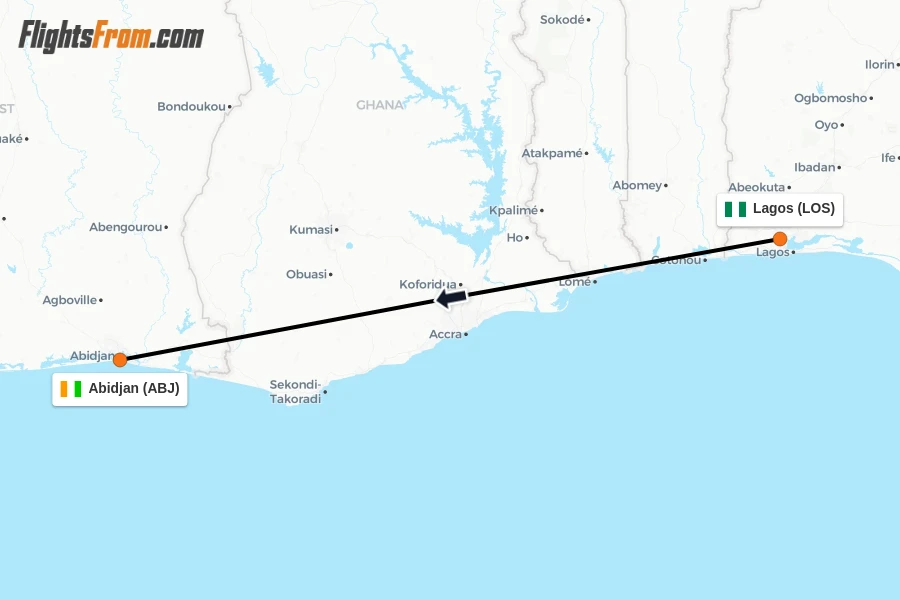 Flights from Lagos to Abidjan route map