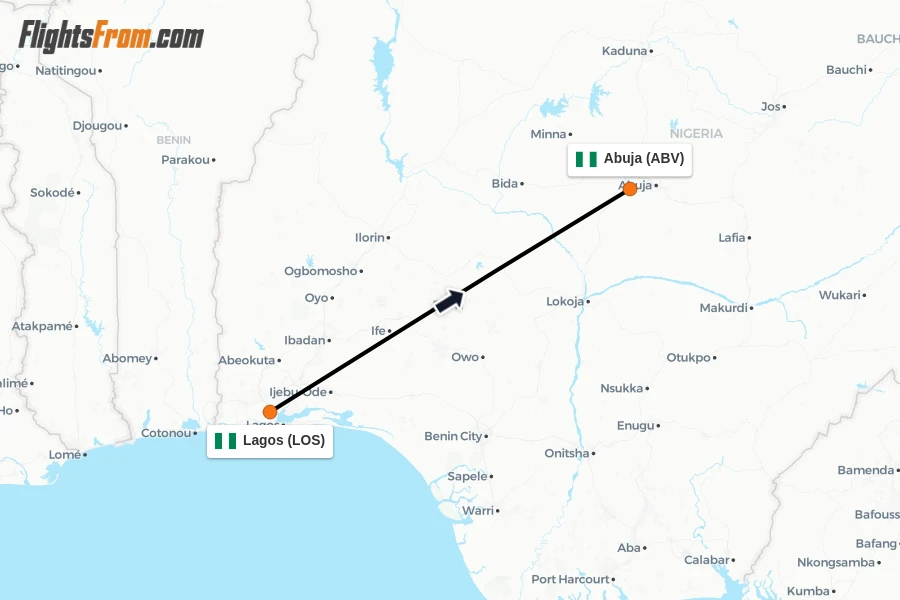 Flights from Lagos to Abuja route map