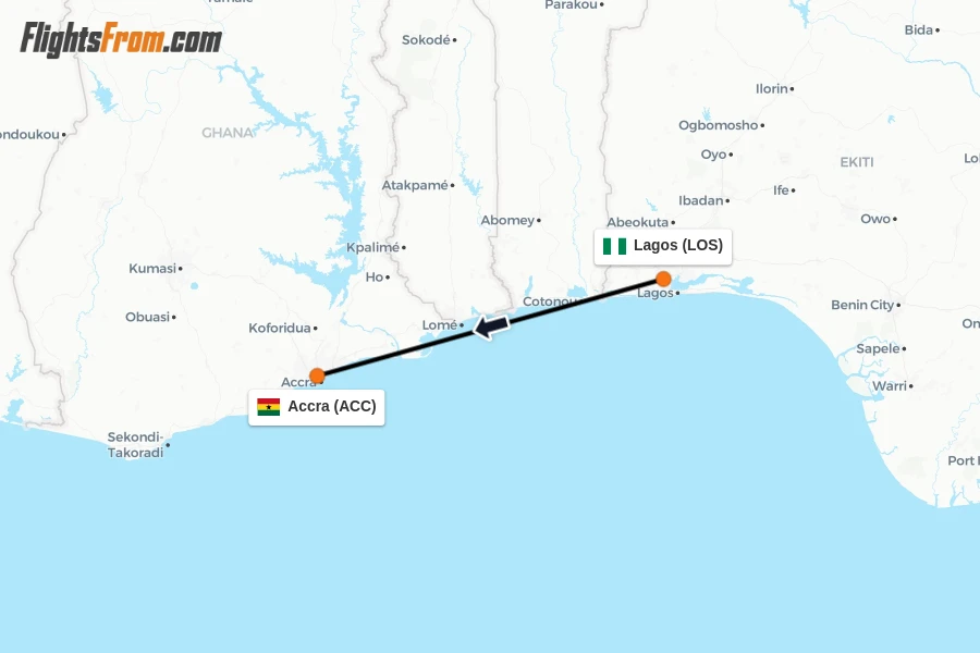Flights from Lagos to Accra route map