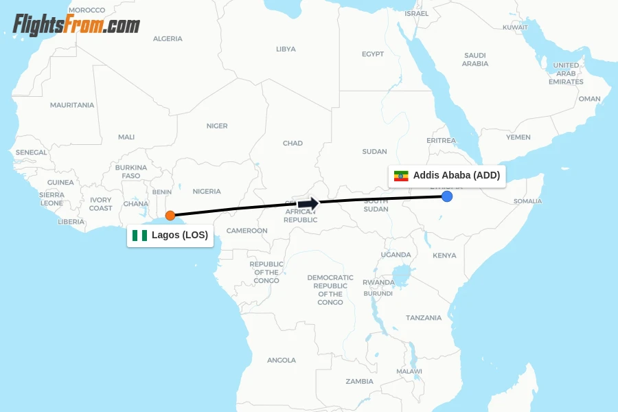 Flights from Lagos to Addis Ababa route map