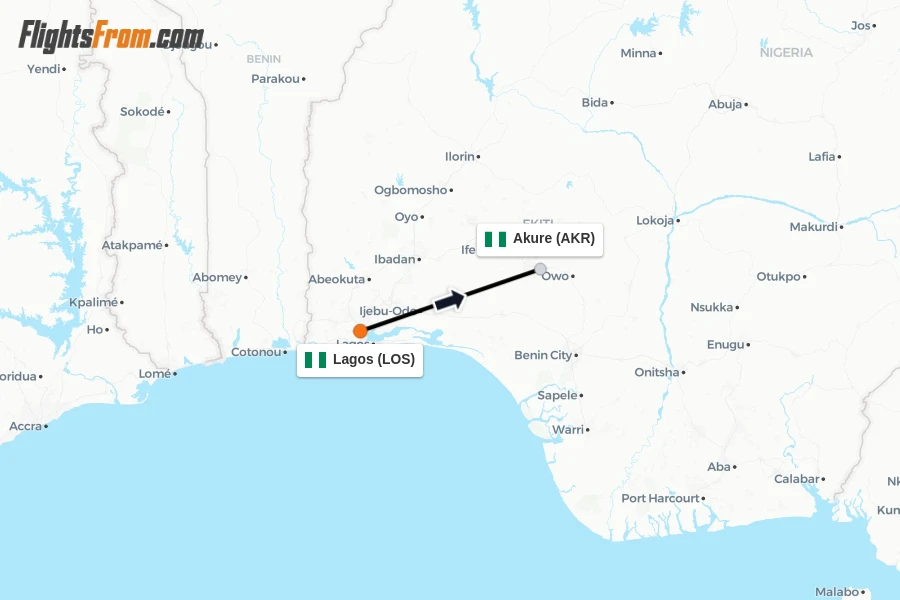 Flights from Lagos to Akure route map