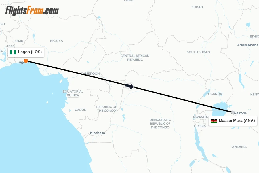 Flights from Lagos to Maasai Mara route map