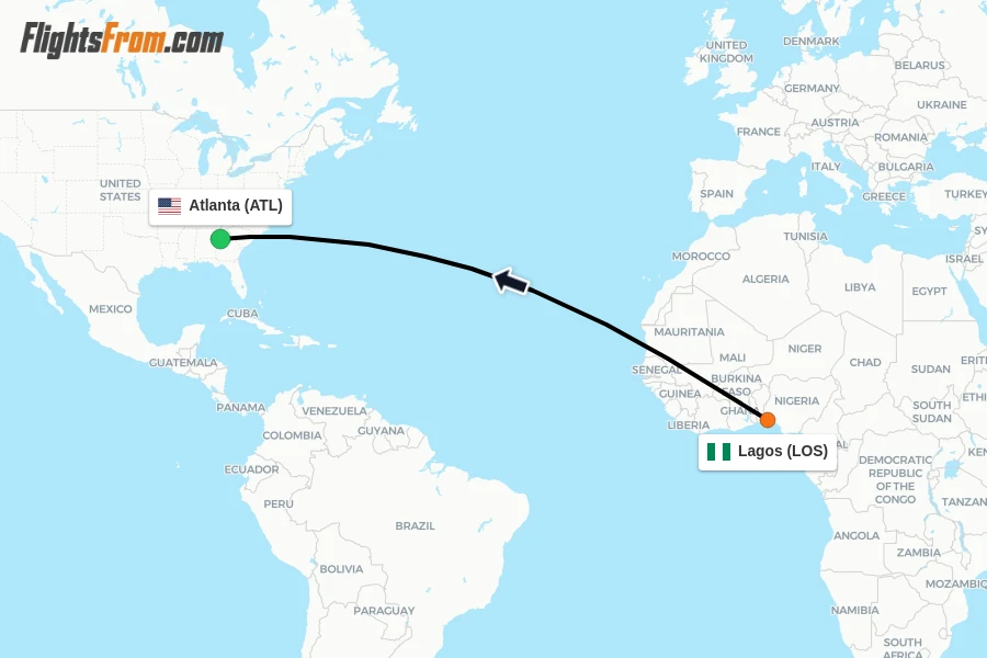 Flights from Lagos to Atlanta route map