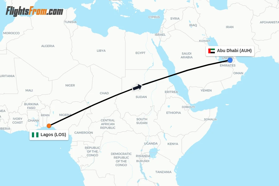 Flights from Lagos to Abu Dhabi route map