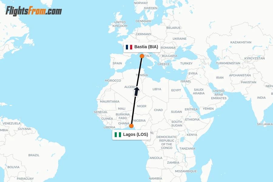 Flights from Lagos to Bastia route map