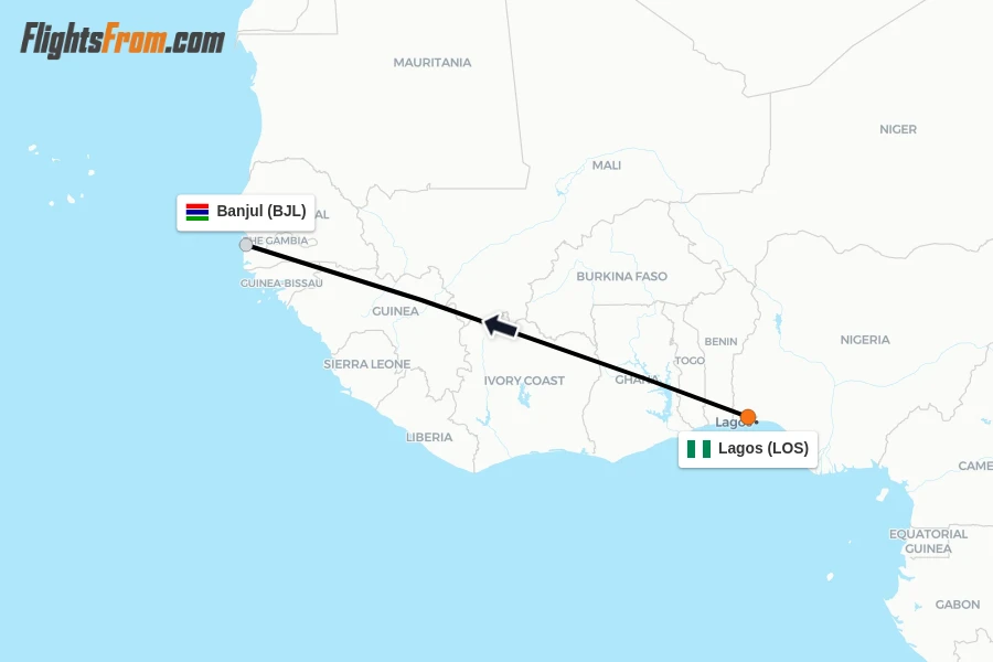 Flights from Lagos to Banjul route map