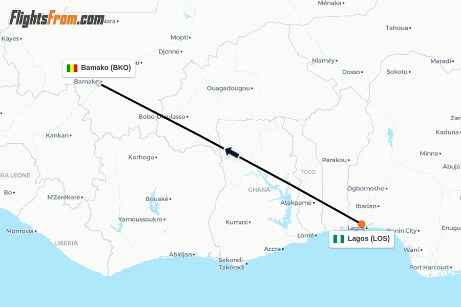 Flights from Lagos to Bamako route map