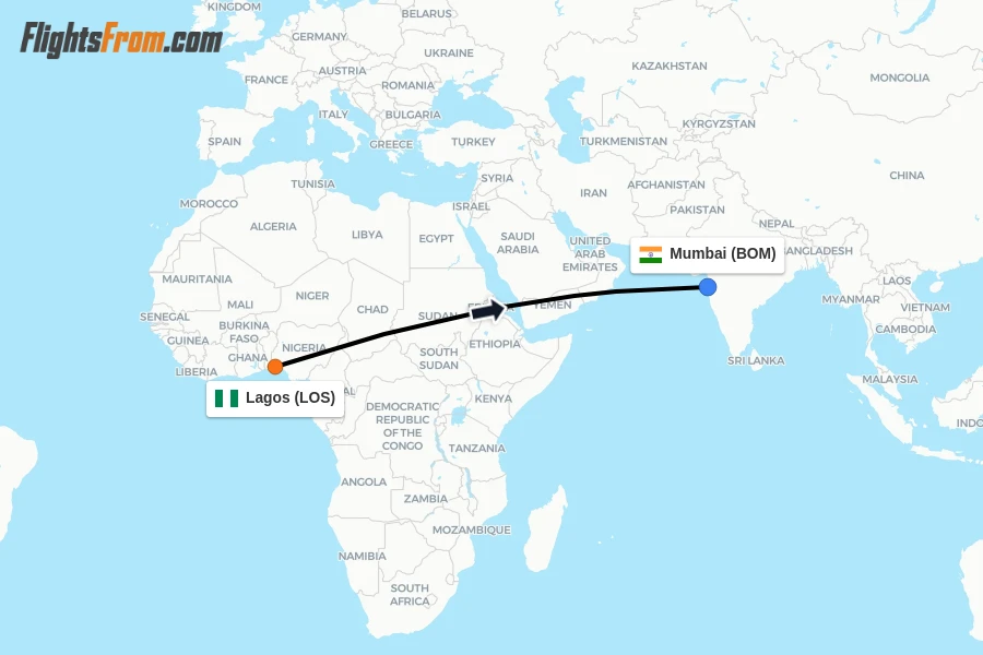 Flights from Lagos to Mumbai route map