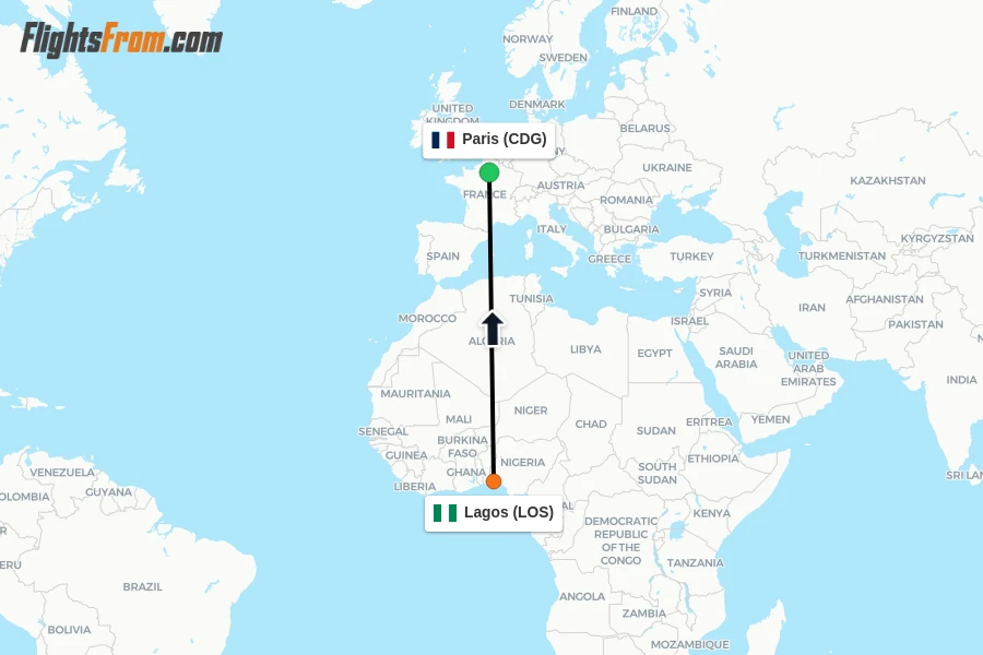 Flights from Lagos to Paris route map