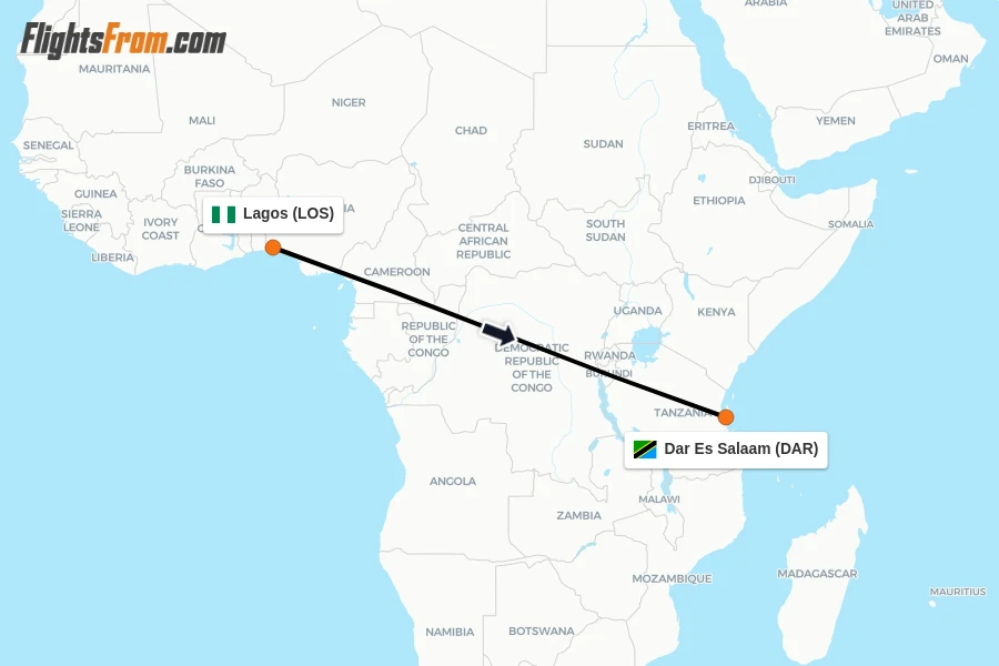 Flights from Lagos to Dar Es Salaam route map