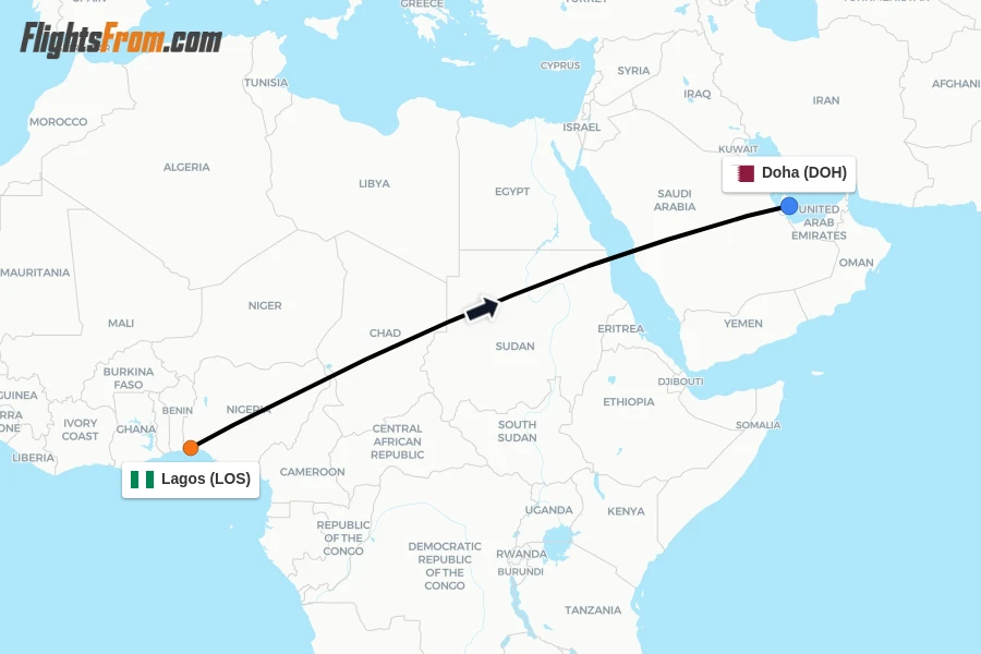 Flights from Lagos to Doha route map