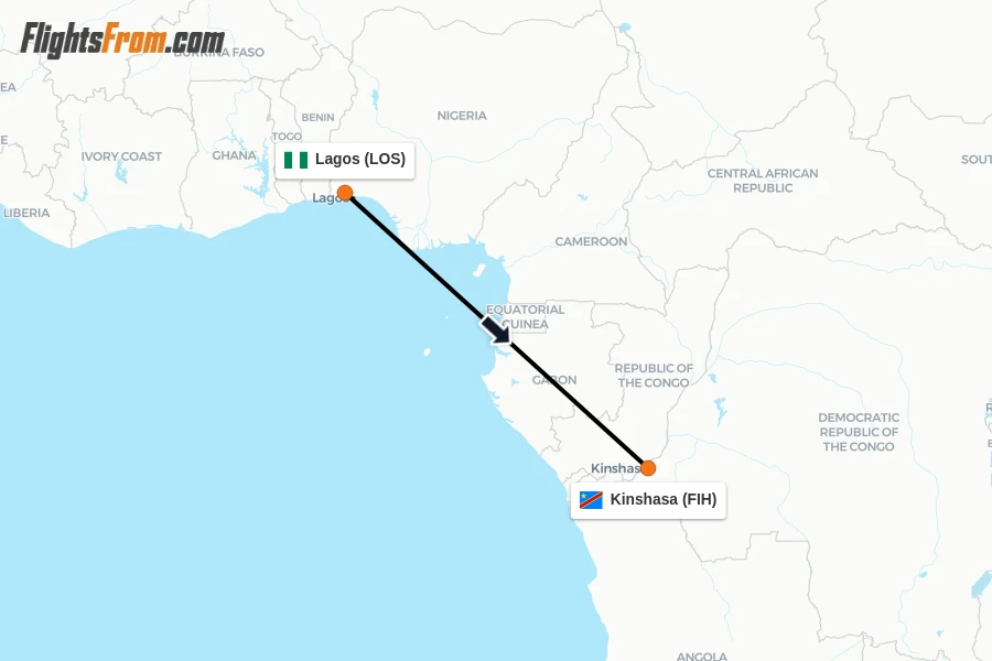 Flights from Lagos to Kinshasa route map