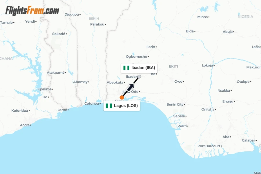 Flights from Lagos to Ibadan route map