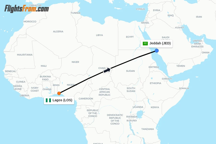 Flights from Lagos to Jeddah route map