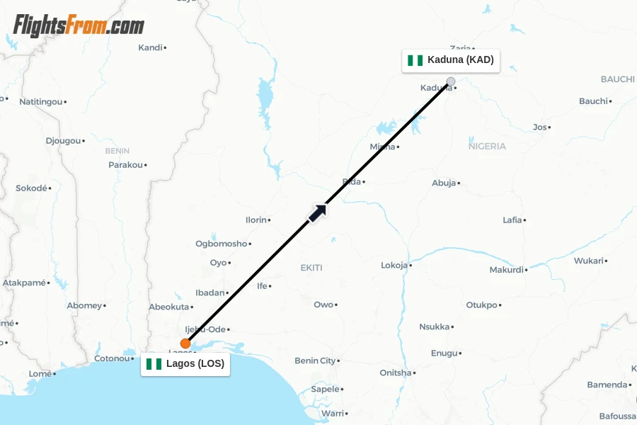 Flights from Lagos to Kaduna route map