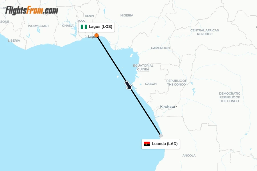 Flights from Lagos to Luanda route map