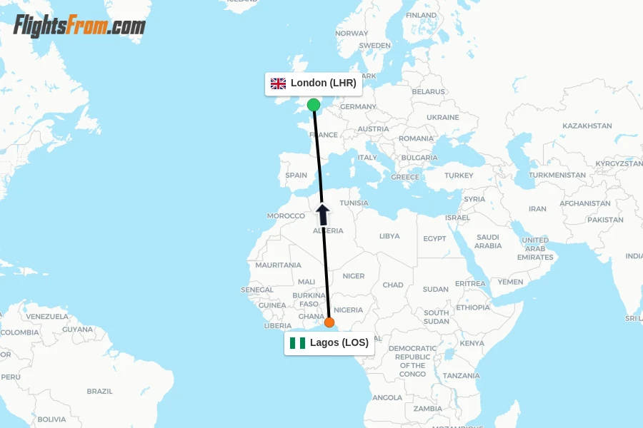 Flights from Lagos to London route map