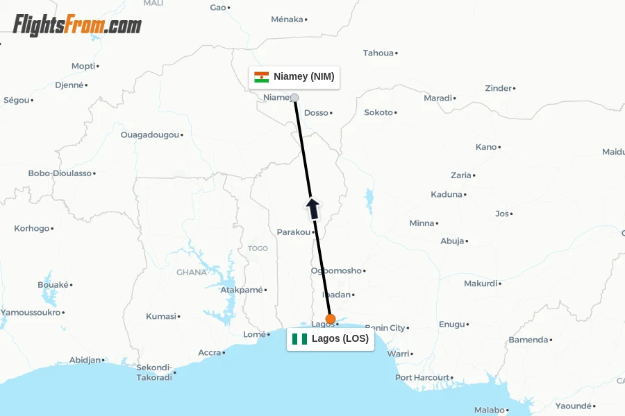 Flights from Lagos to Niamey route map