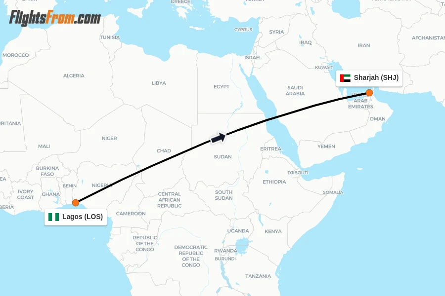 Flights from Lagos to Sharjah route map