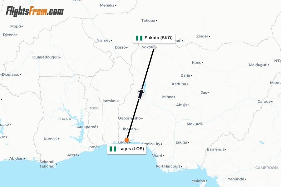 Flights from Lagos to Sokoto route map