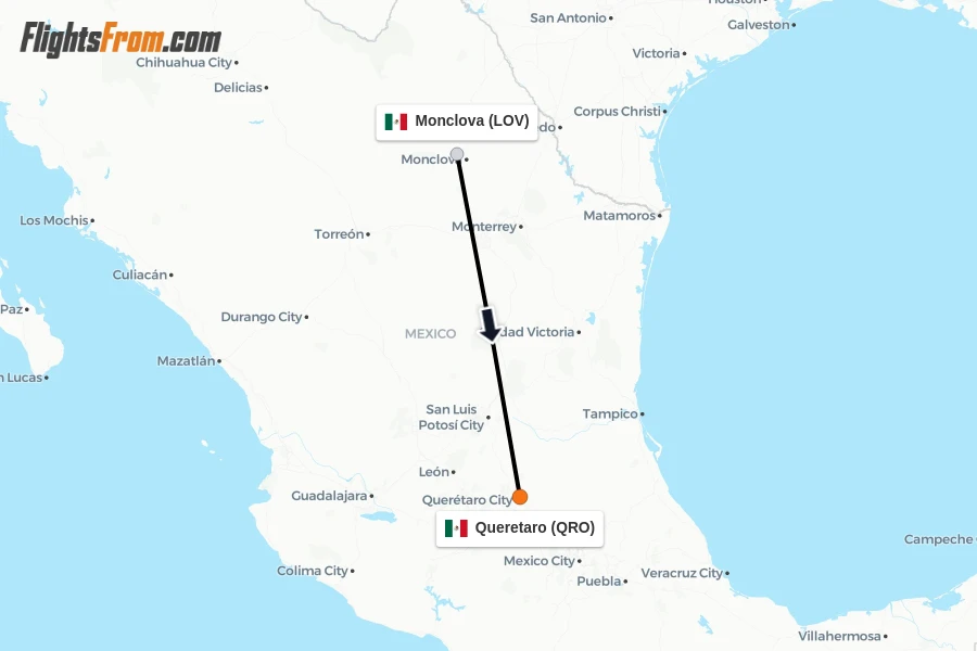 Flights from Monclova to Queretaro route map