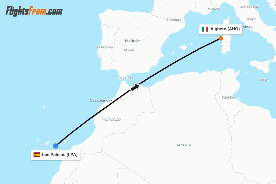 Flights from Las Palmas to Alghero route map