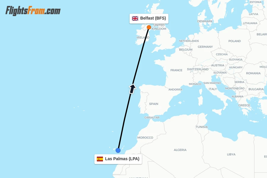 Flights from Las Palmas to Belfast route map