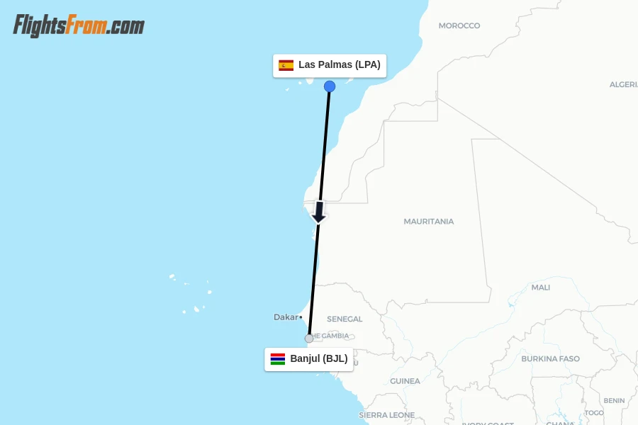 Flights from Las Palmas to Banjul route map