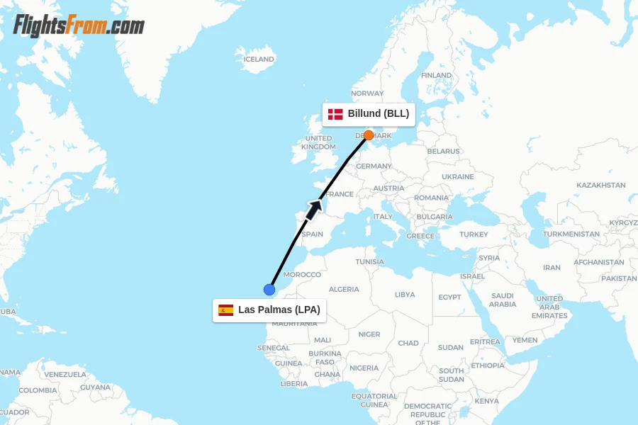 Flights from Las Palmas to Billund route map