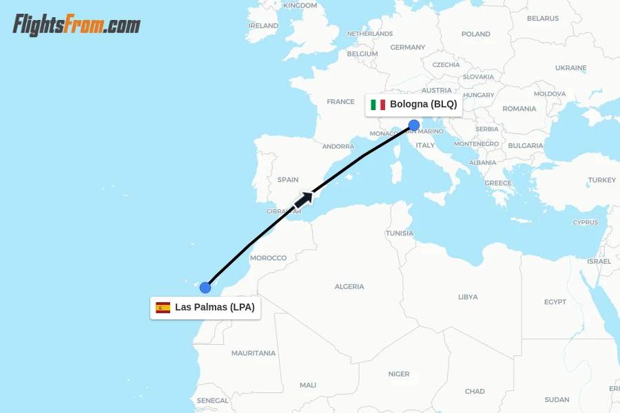 Flights from Las Palmas to Bologna route map