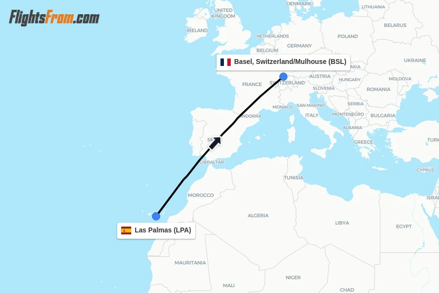 Flights from Las Palmas to Basel, Switzerland/Mulhouse route map