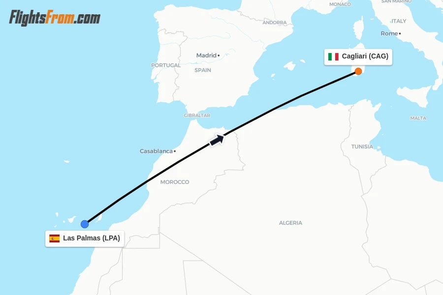 Flights from Las Palmas to Cagliari route map