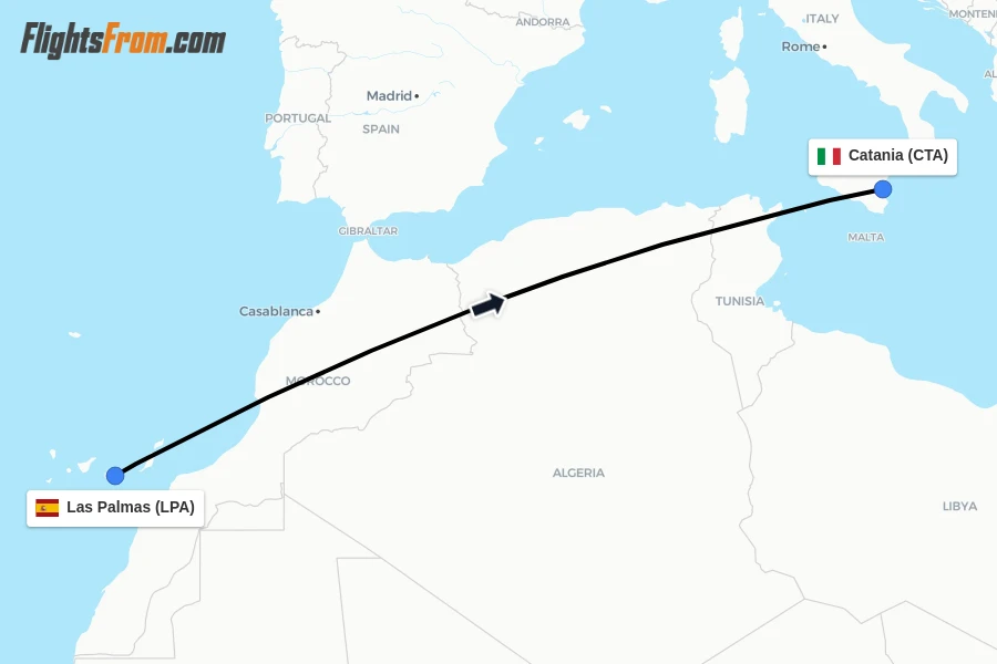 Flights from Las Palmas to Catania route map