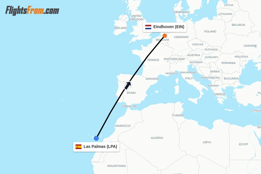 Flights from Las Palmas to Eindhoven route map