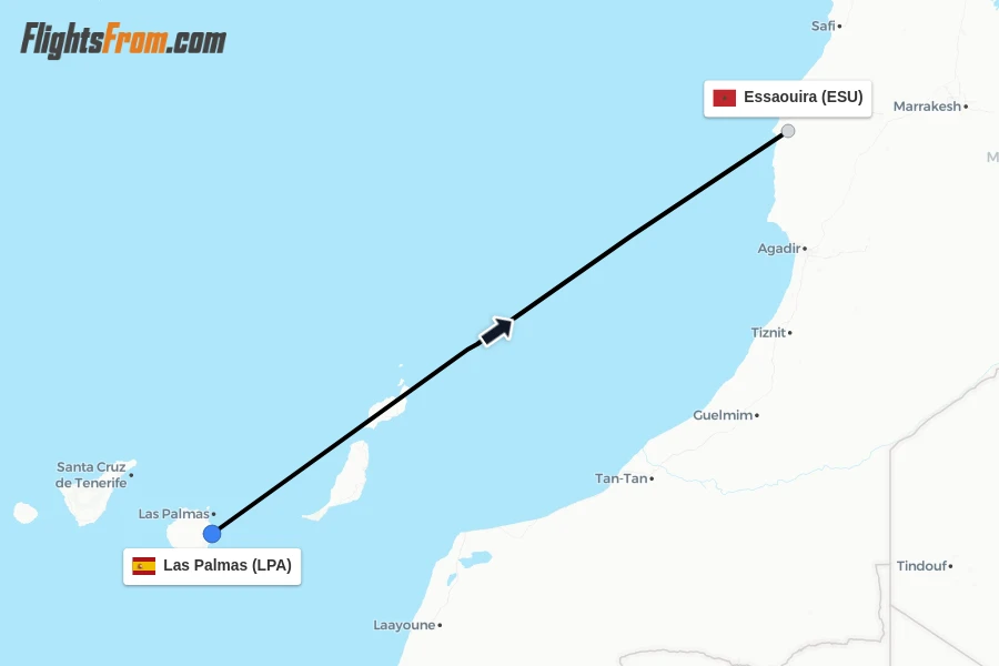 Flights from Las Palmas to Essaouira route map