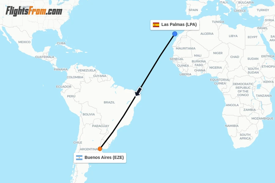 Flights from Las Palmas to Buenos Aires route map