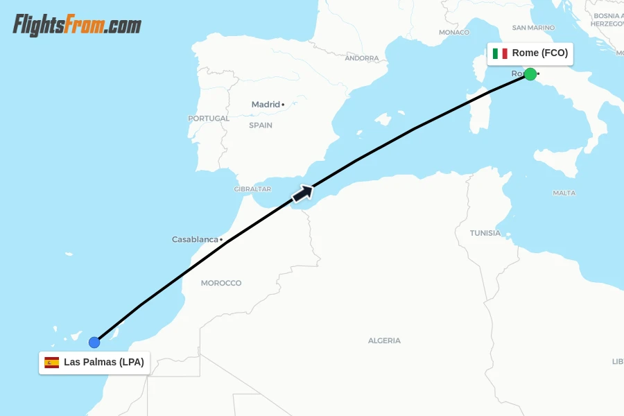 Flights from Las Palmas to Rome route map
