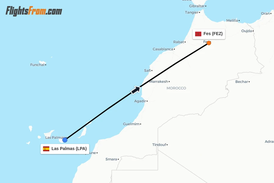 Flights from Las Palmas to Fes route map