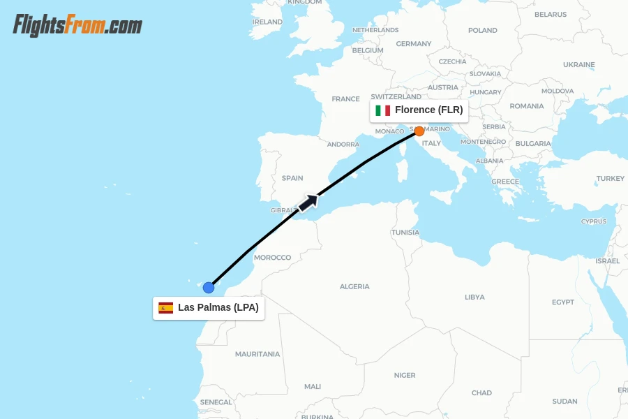 Flights from Las Palmas to Florence route map