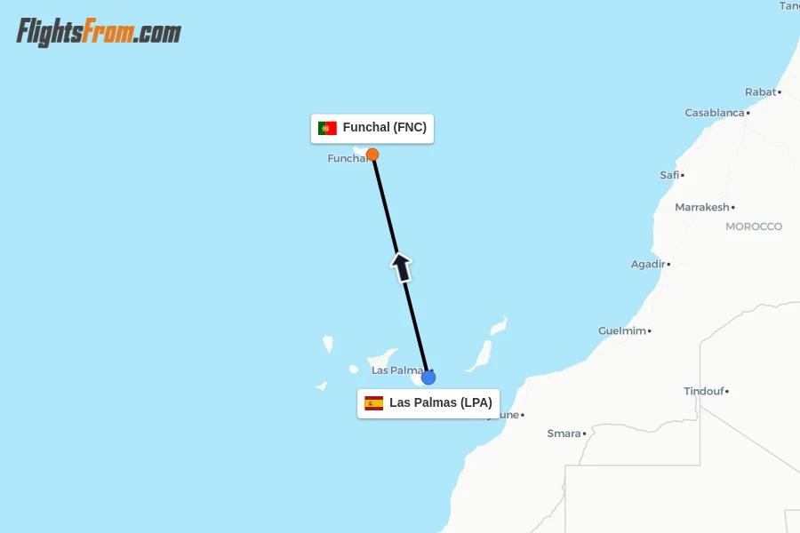Flights from Las Palmas to Funchal route map