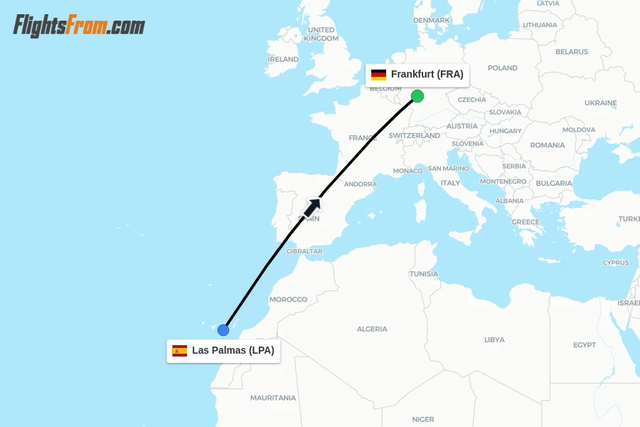 Flights from Las Palmas to Frankfurt route map