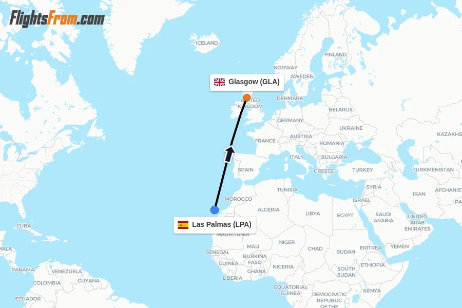 Flights from Las Palmas to Glasgow route map