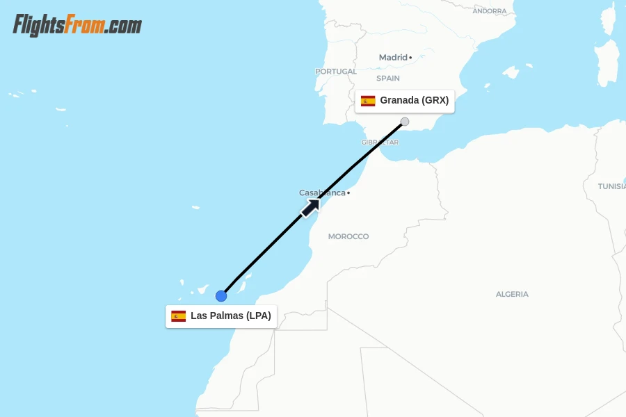 Flights from Las Palmas to Granada route map