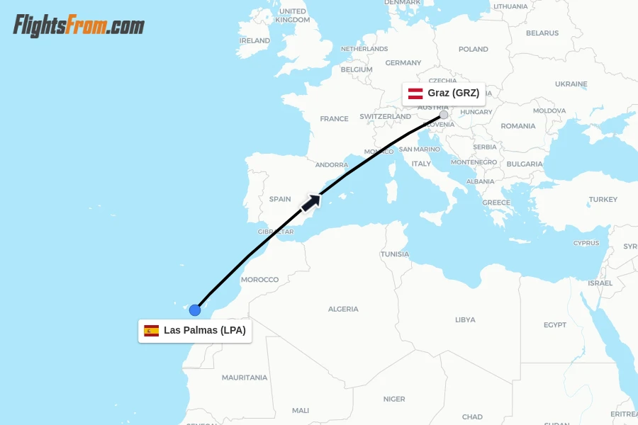 Flights from Las Palmas to Graz route map