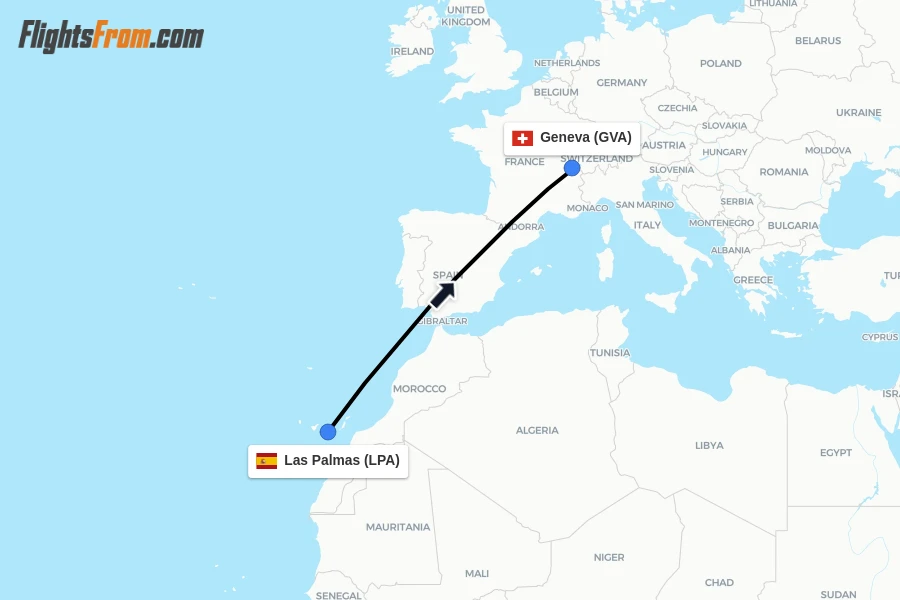 Flights from Las Palmas to Geneva route map
