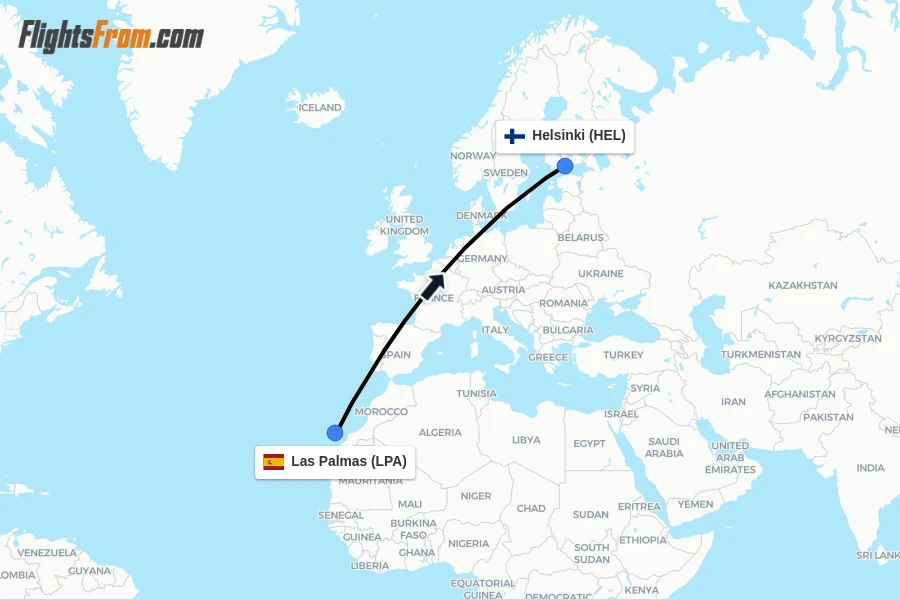 Flights from Las Palmas to Helsinki route map