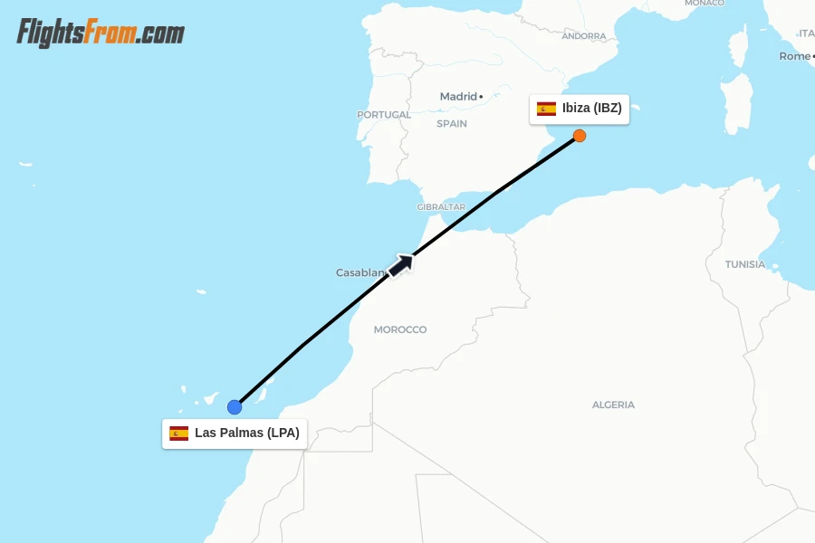 Flights from Las Palmas to Ibiza route map