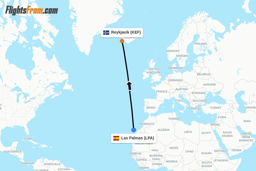 Flights from Las Palmas to Reykjavik route map