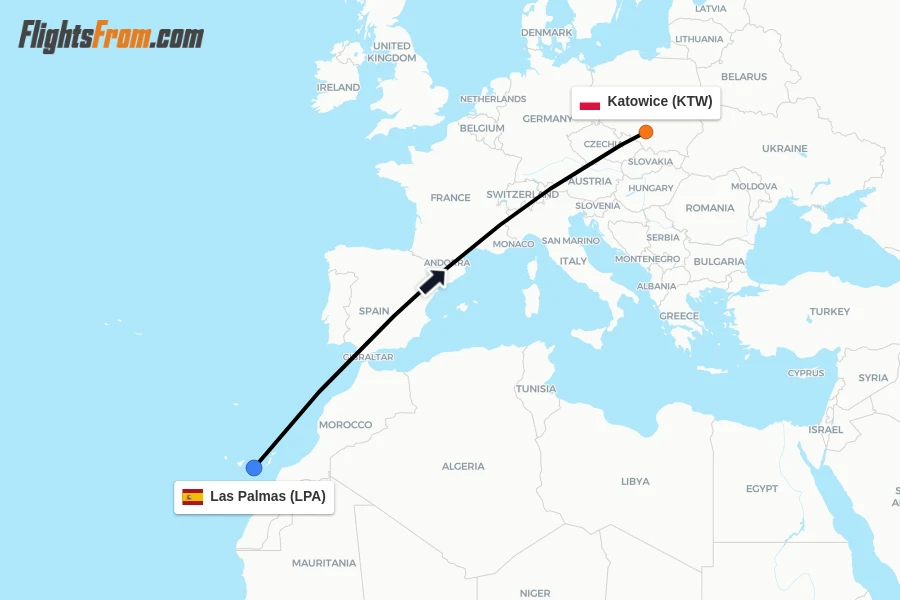 Flights from Las Palmas to Katowice route map